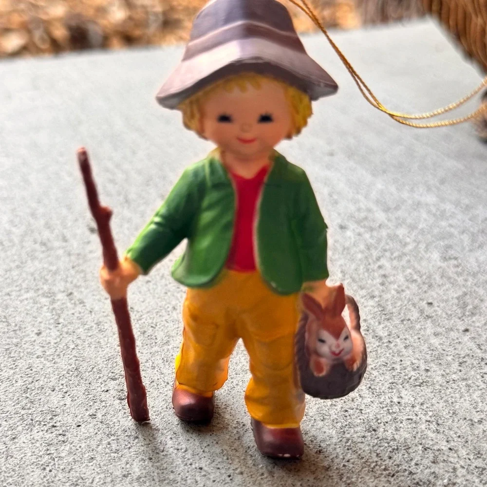 Vintage Boy with Rabbit Figurine Christmas Ornament - Made‎ in Hong Kong